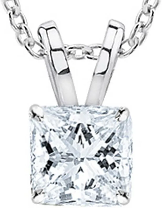 0.5 Carat 14K White Gold Princess Diamond Solitaire Pendant Necklace J Color SI2-I1 Clarity