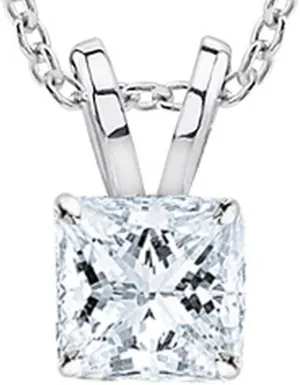 0.74 Carat 14K White Gold Princess Diamond Solitaire Pendant Necklace I Color SI1 Clarity, w/ 16" Silver Chain