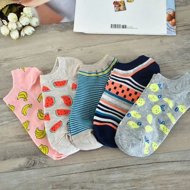 1 Pair Cute Casual Cotton  Fruit Striped Short Ankle Sock Soft Boat Socks Accessories For Women Girl
