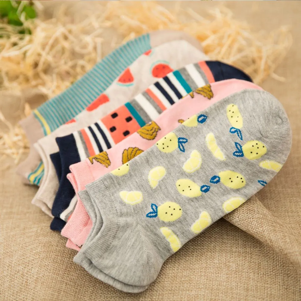 1 Pair Cute Casual Cotton  Fruit Striped Short Ankle Sock Soft Boat Socks Accessories For Women Girl