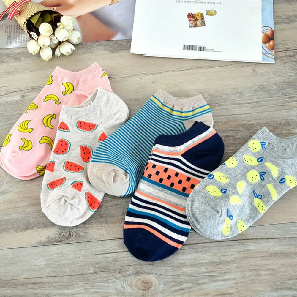 1 Pair Cute Casual Cotton  Fruit Striped Short Ankle Sock Soft Boat Socks Accessories For Women Girl
