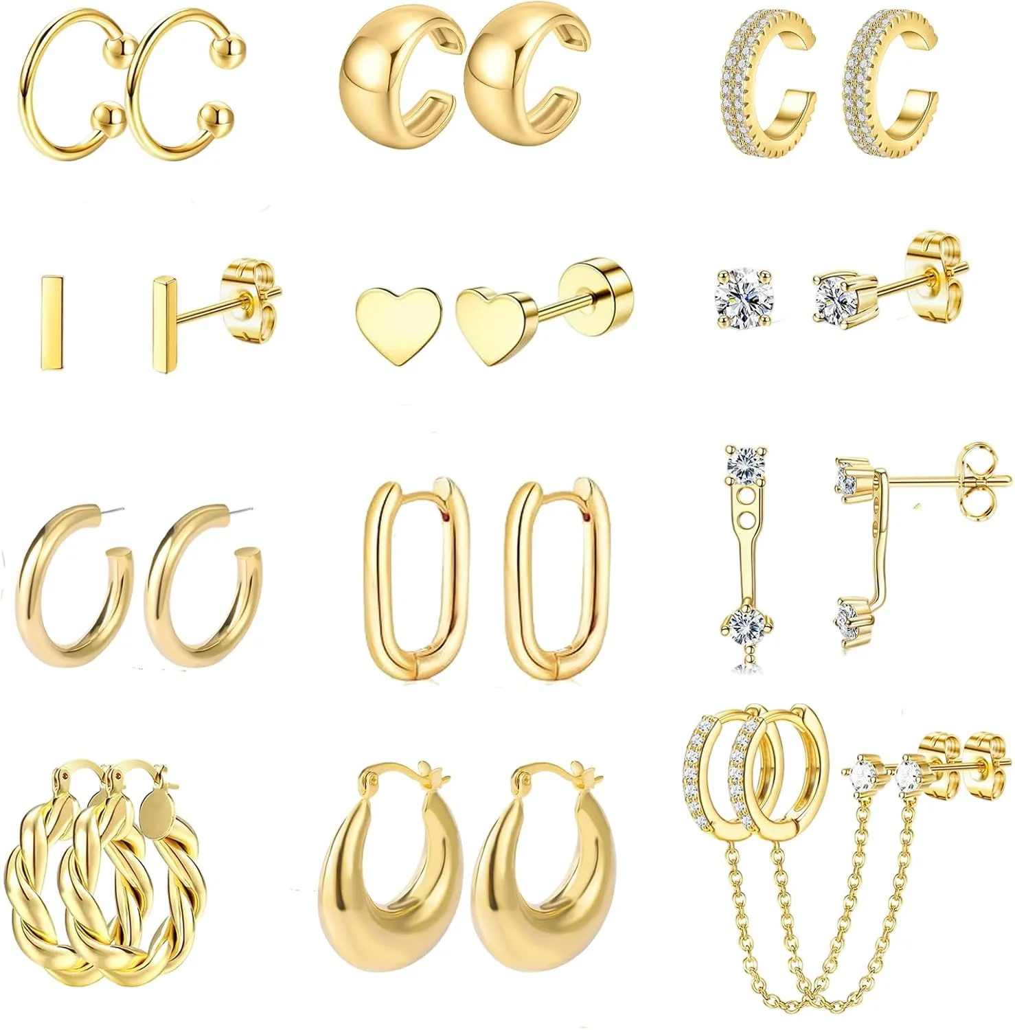 12 Pairs Gold Hoop Earrings Set for Women Lightweight 14K Gold Plated Small Huggie Hoops Hypoallergenic Pearl Dainty Stud Hoop Earrings Gifts for Her