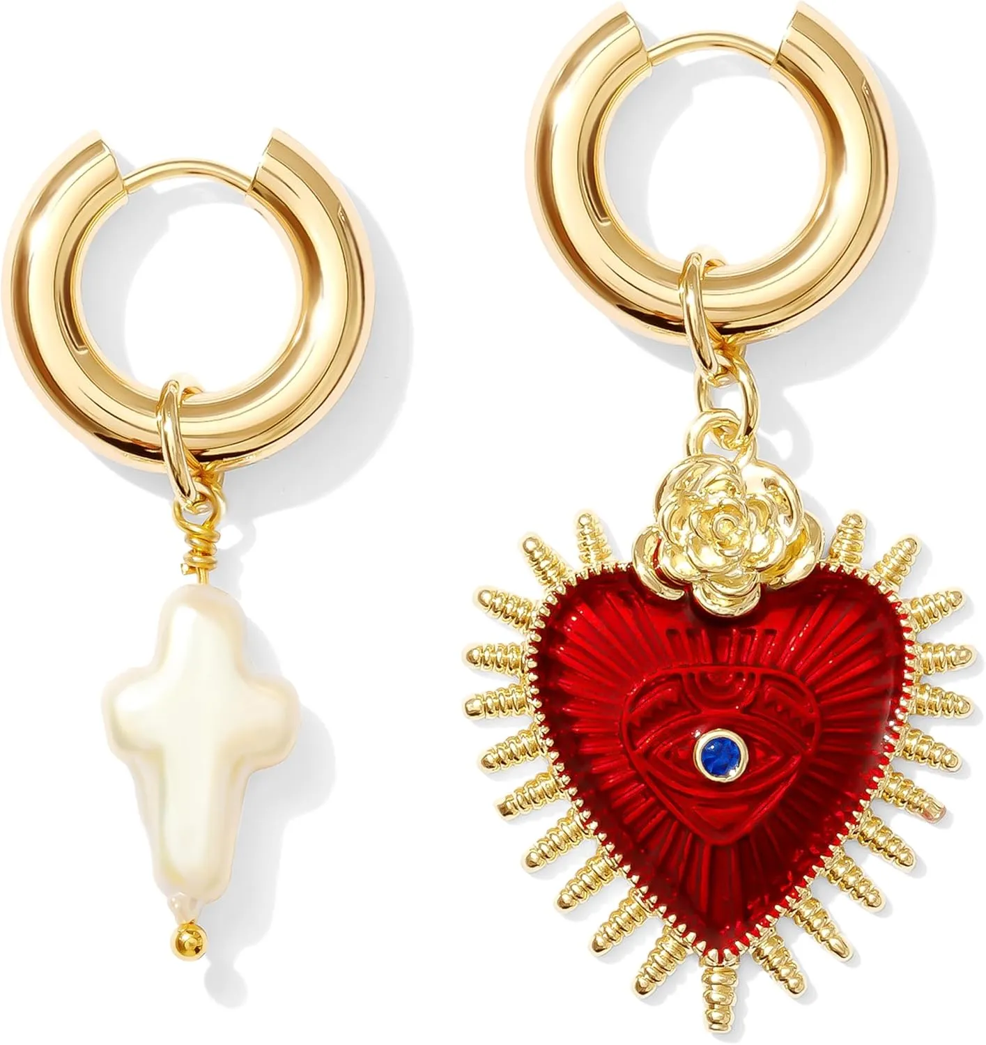14K Gold Huggie Hoop Earrings for Women with 3 Charms - Baroque Pearl, Heart & Chain Dangles, Hypoallergenic Gift Set