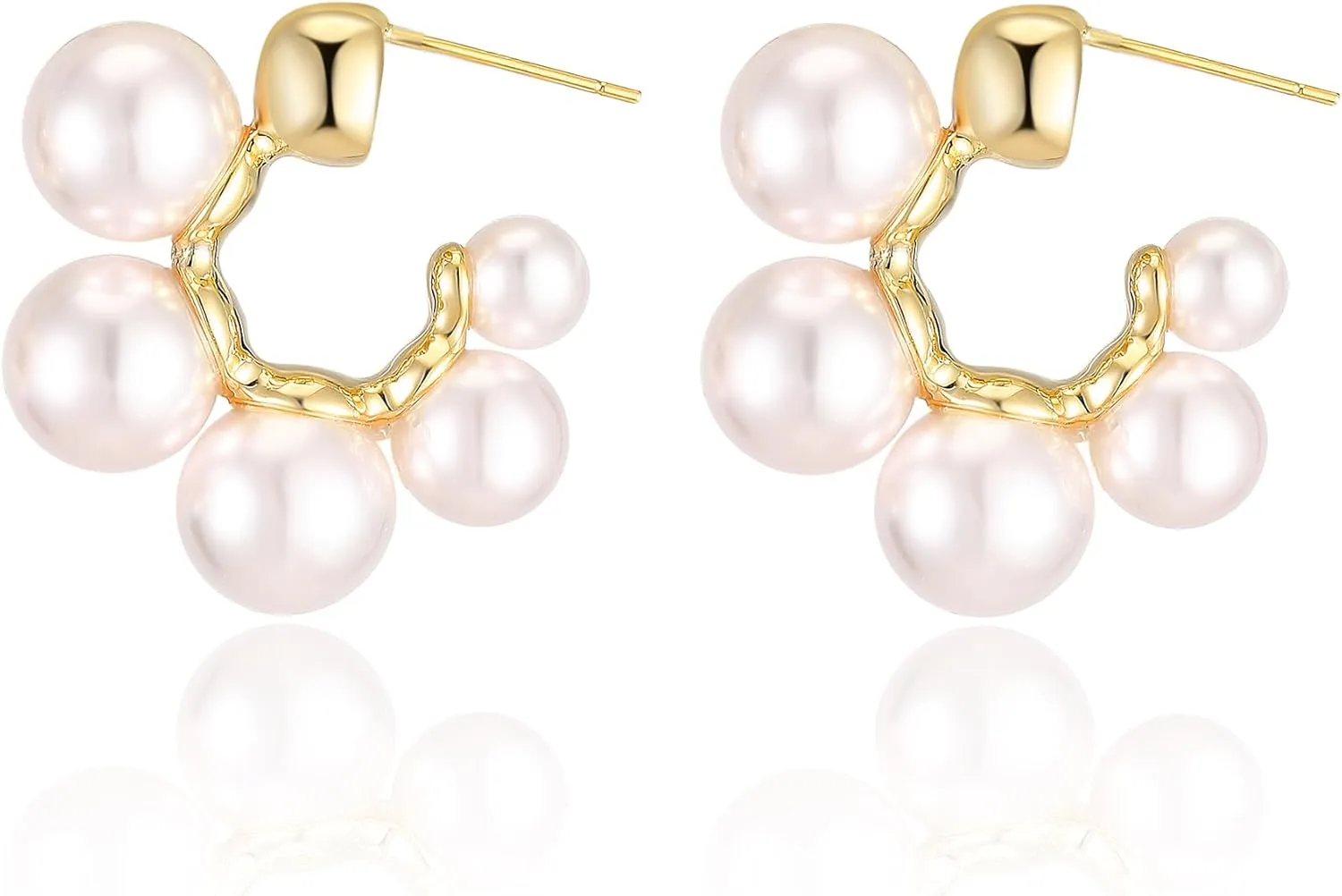 14K Gold Plated Pearl Hoop Earrings for Women, Trendy Pearl Earrings Cuff Lightweight Hypoallergenic Jewelry for Her
