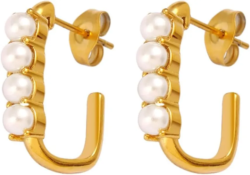 14K Gold Plated Pearl Hoop Earrings for Women,Classic Statement Beads Stainless Steel Square Huggie Earrings,Graceful Formal Daily Jewelry Gifts