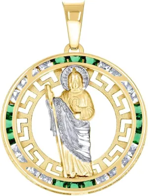 14k Yellow Gold Unisex Green White Princess cut CZ Simulated Diamond St. Jude Religious Pendant Necklace 35x25.2mm Wide-Pendant for Women