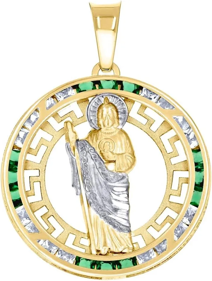 14k Yellow Gold Unisex Green White Princess cut CZ Simulated Diamond St. Jude Religious Pendant Necklace 35x25.2mm Wide-Pendant for Women