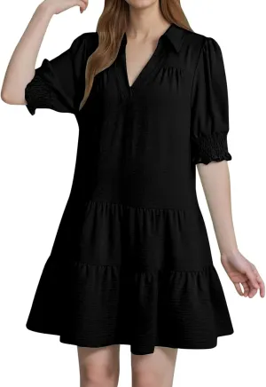 2025 Casual Dresses for Women Lapel Collared V Neck Mid Sleeved Pleated Summer Midi Dresses