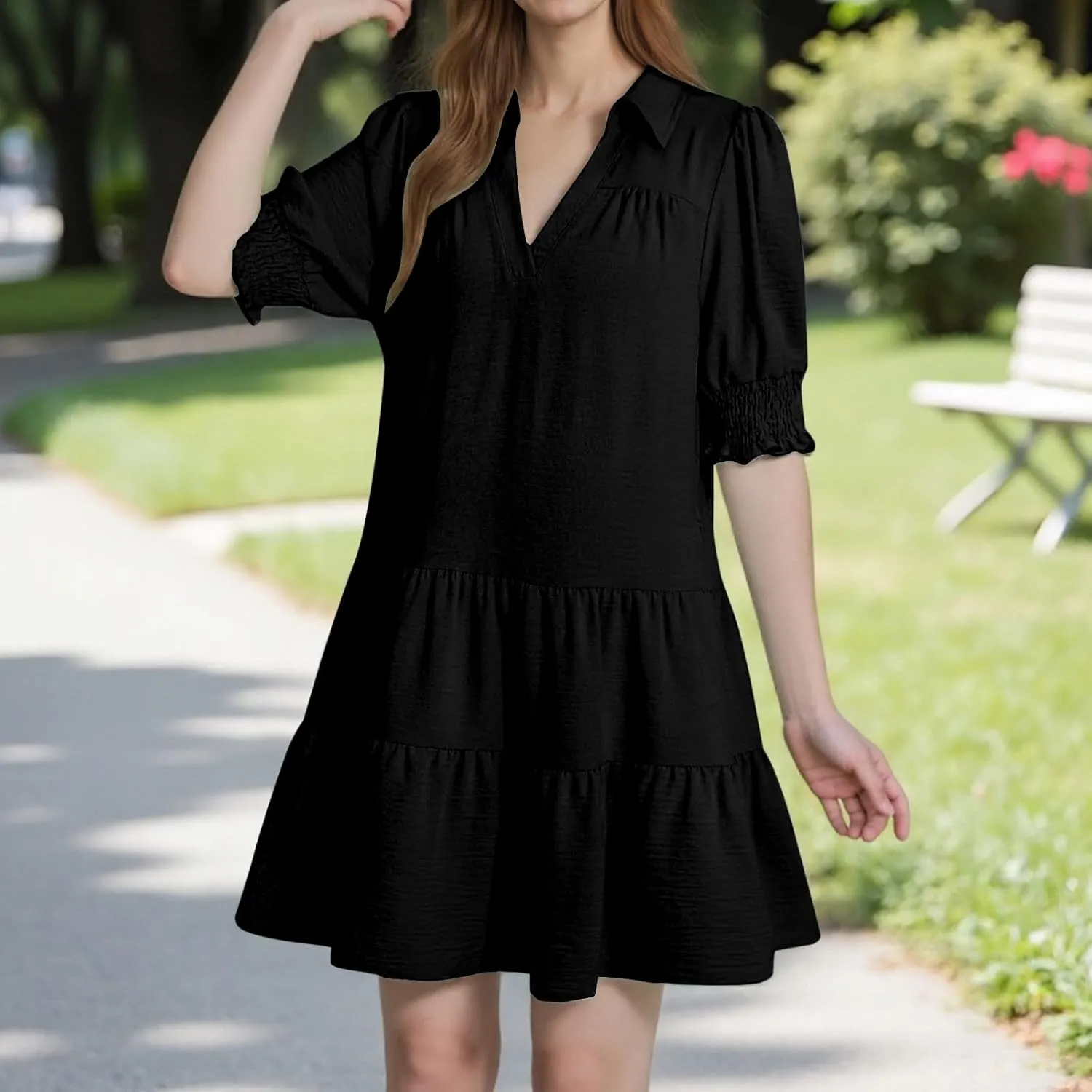 2025 Casual Dresses for Women Lapel Collared V Neck Mid Sleeved Pleated Summer Midi Dresses