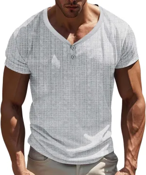 2025 Fashion Men's Henley Shirts Crewneck Short Sleeve Casual Lightweight Slim Fit Basic Button T-Shirt Summer Beach