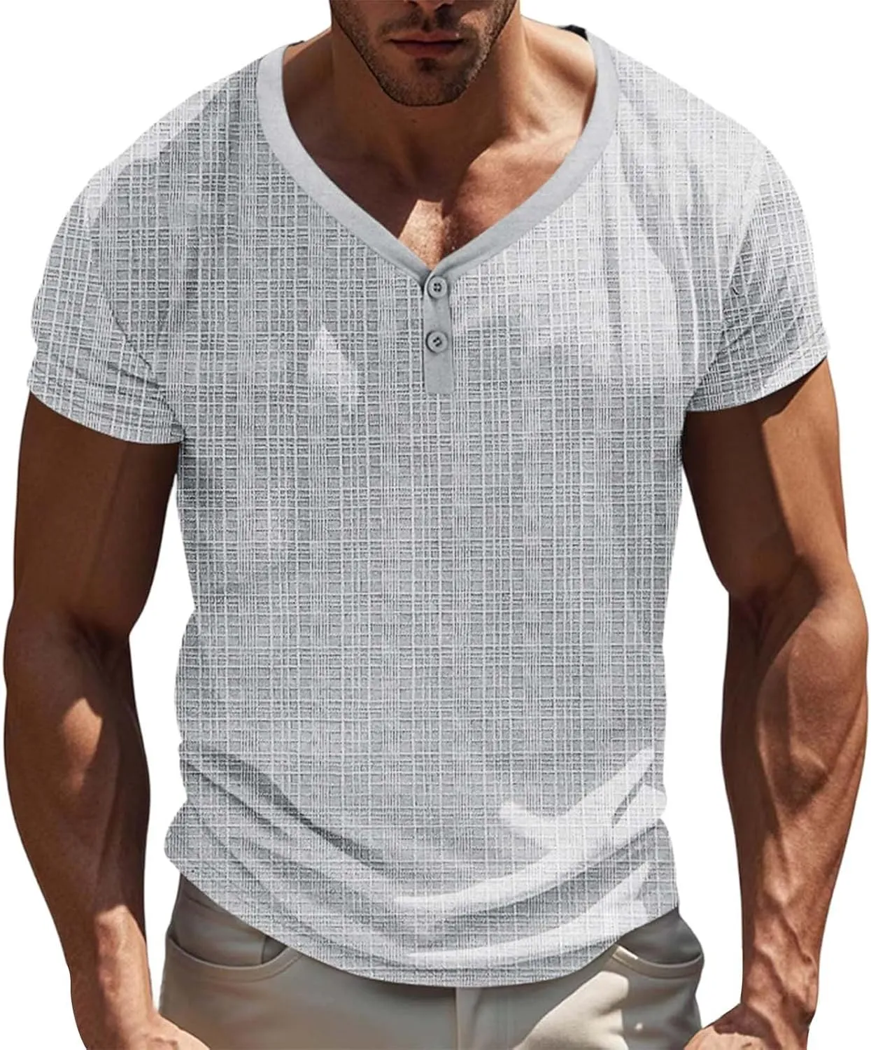 2025 Fashion Men's Henley Shirts Crewneck Short Sleeve Casual Lightweight Slim Fit Basic Button T-Shirt Summer Beach