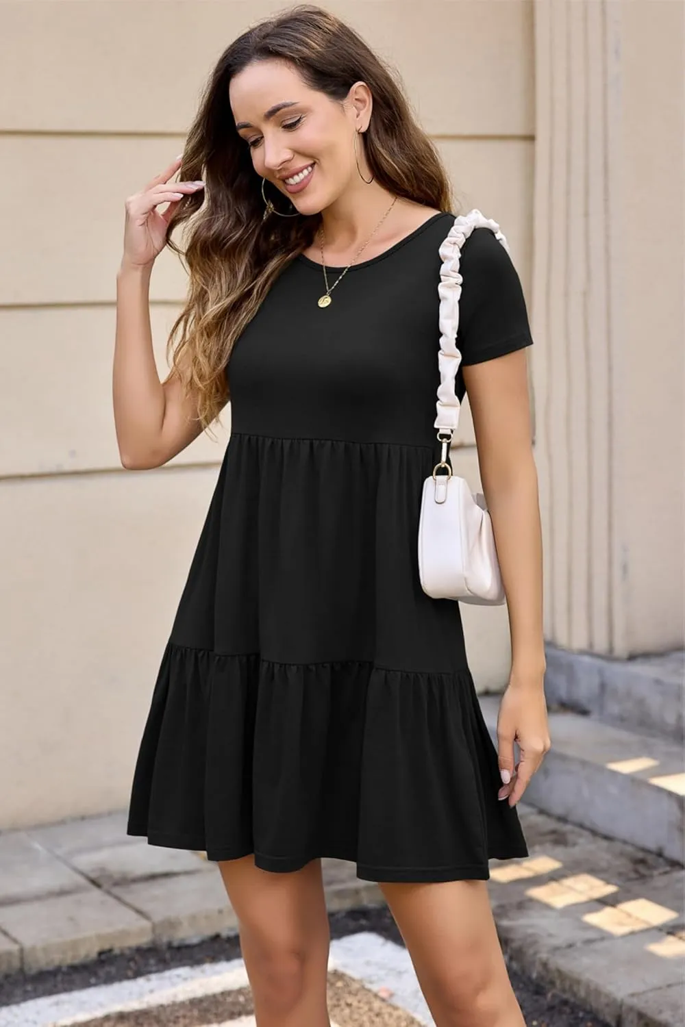 2025 Spring Summer Short Sleeve T-Shirt Dress  Ruffle Tiered Swing Sundress with Pockets for Beach & Daily Wear