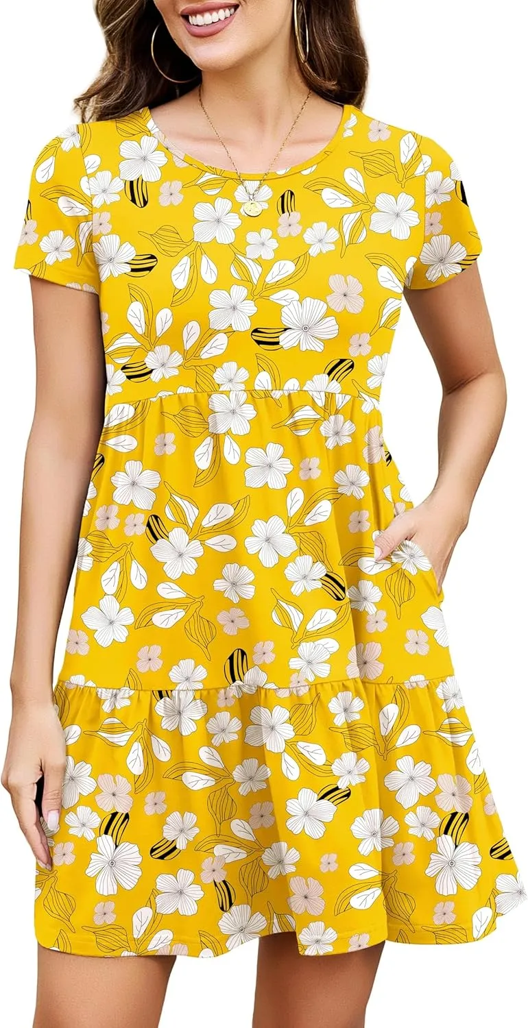 2025 Spring Summer Short Sleeve T-Shirt Dress  Ruffle Tiered Swing Sundress with Pockets for Beach & Daily Wear