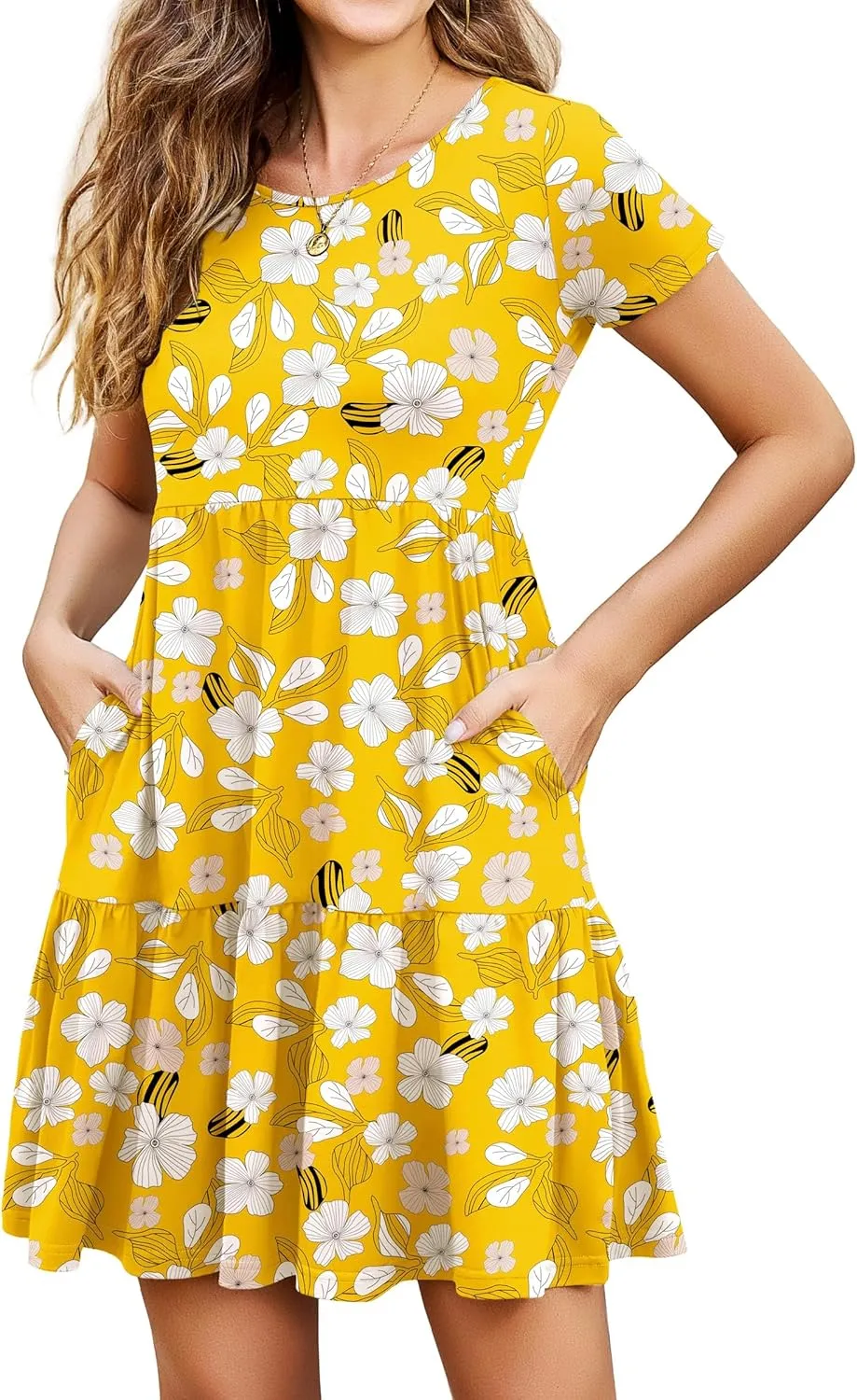 2025 Spring Summer Short Sleeve T-Shirt Dress  Ruffle Tiered Swing Sundress with Pockets for Beach & Daily Wear