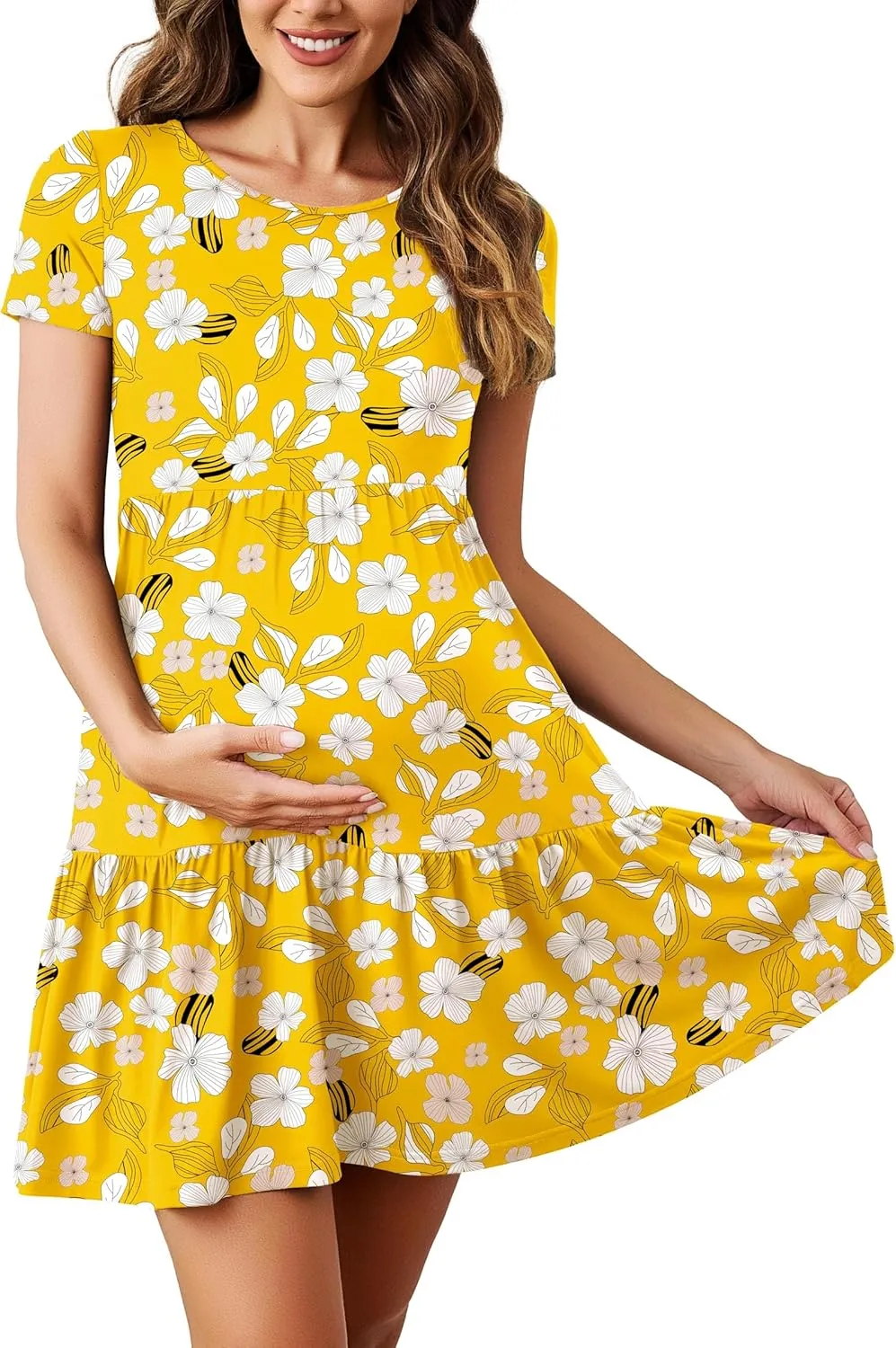 2025 Spring Summer Short Sleeve T-Shirt Dress  Ruffle Tiered Swing Sundress with Pockets for Beach & Daily Wear