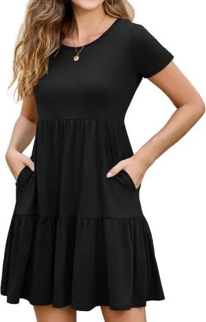 2025 Spring Summer Short Sleeve T-Shirt Dress  Ruffle Tiered Swing Sundress with Pockets for Beach & Daily Wear