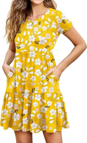2025 Spring Summer Short Sleeve T-Shirt Dress  Ruffle Tiered Swing Sundress with Pockets for Beach & Daily Wear