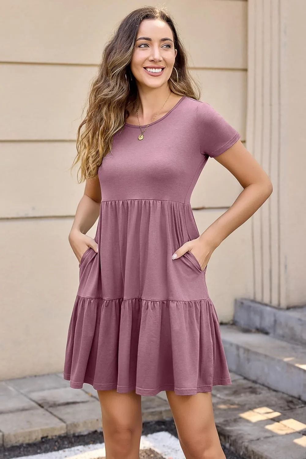2025 Spring Summer Short Sleeve T-Shirt Dress  Ruffle Tiered Swing Sundress with Pockets for Beach & Daily Wear