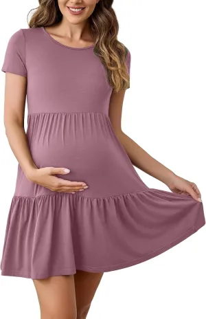 2025 Spring Summer Short Sleeve T-Shirt Dress  Ruffle Tiered Swing Sundress with Pockets for Beach & Daily Wear