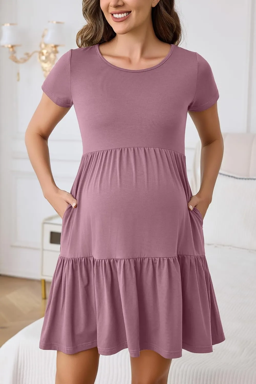 2025 Spring Summer Short Sleeve T-Shirt Dress  Ruffle Tiered Swing Sundress with Pockets for Beach & Daily Wear