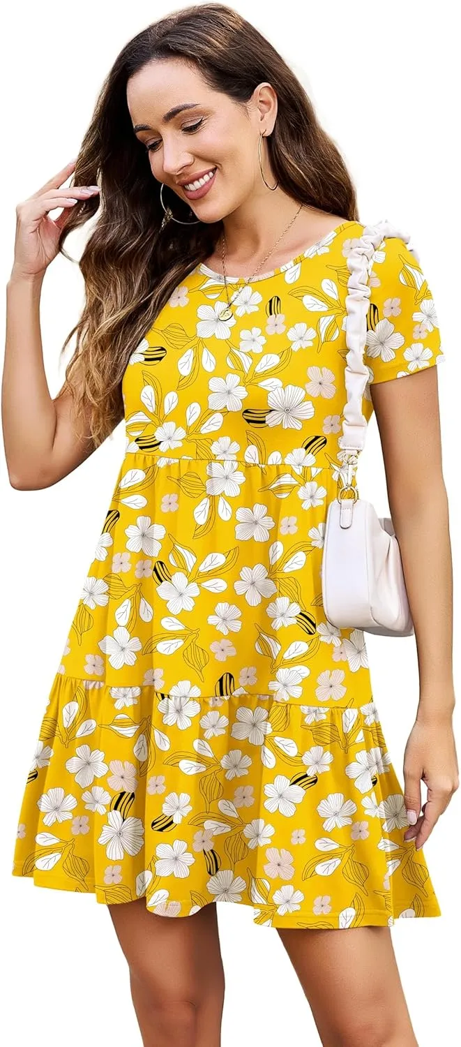 2025 Spring Summer Short Sleeve T-Shirt Dress  Ruffle Tiered Swing Sundress with Pockets for Beach & Daily Wear
