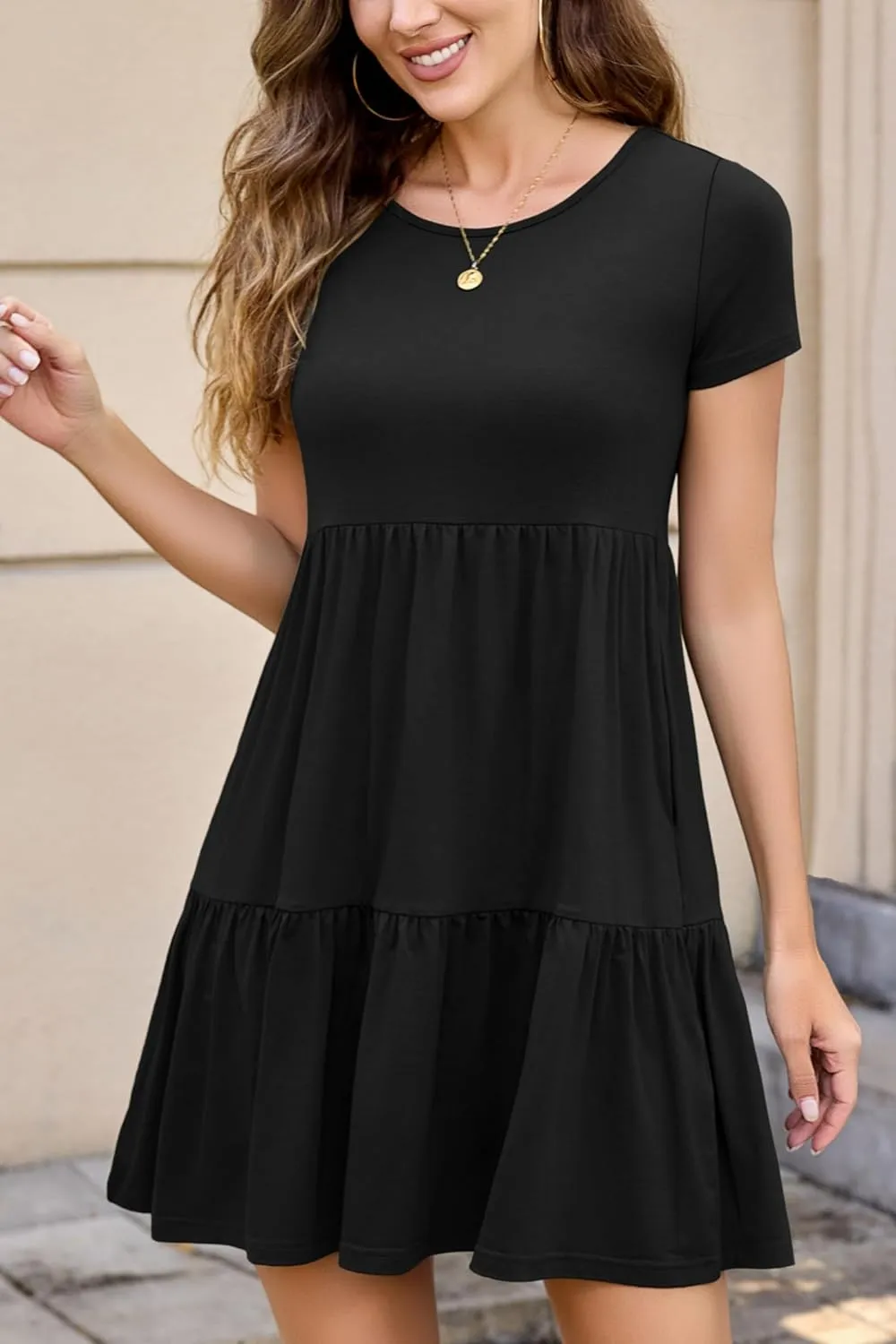 2025 Spring Summer Short Sleeve T-Shirt Dress  Ruffle Tiered Swing Sundress with Pockets for Beach & Daily Wear