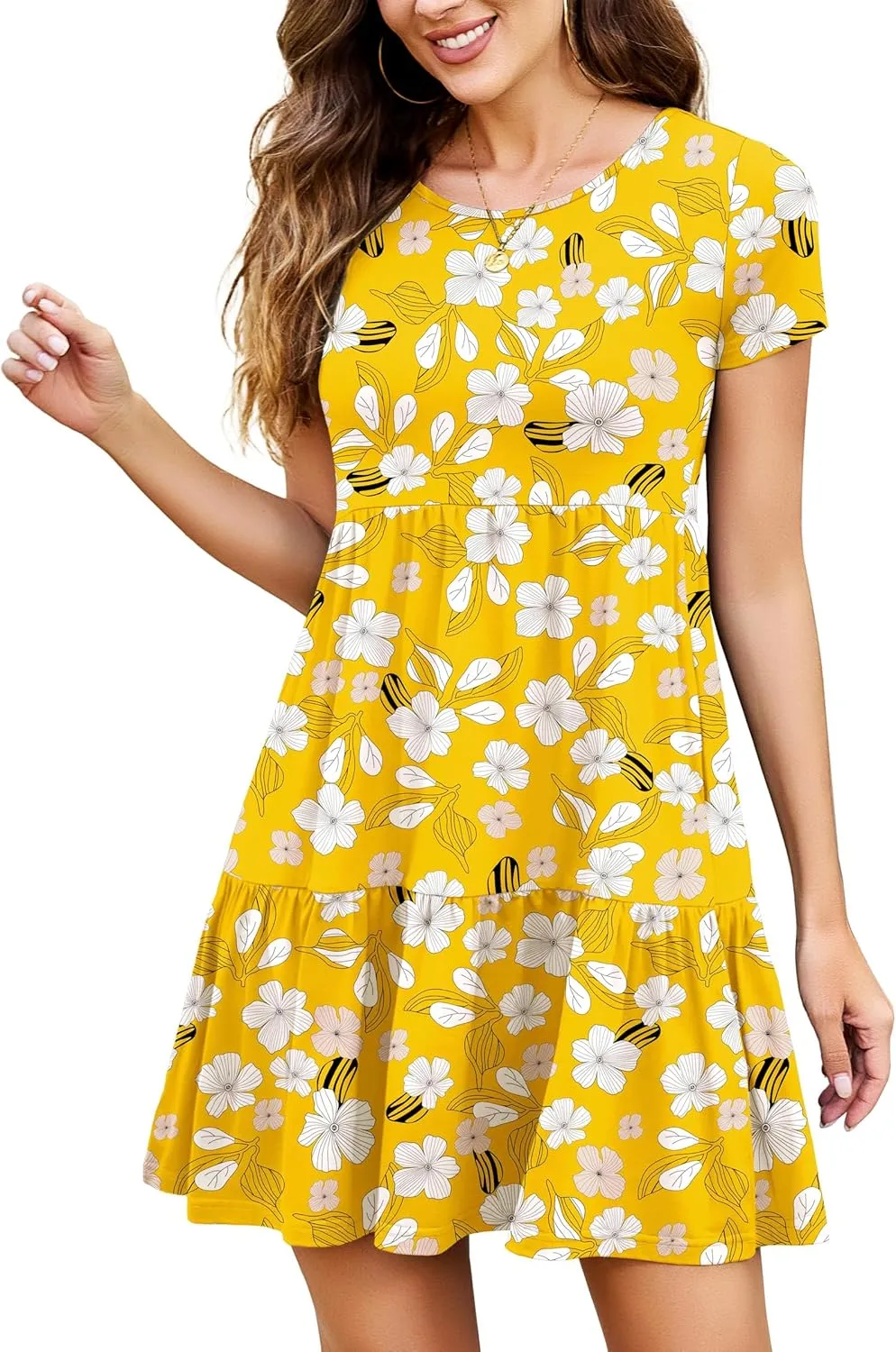 2025 Spring Summer Short Sleeve T-Shirt Dress  Ruffle Tiered Swing Sundress with Pockets for Beach & Daily Wear