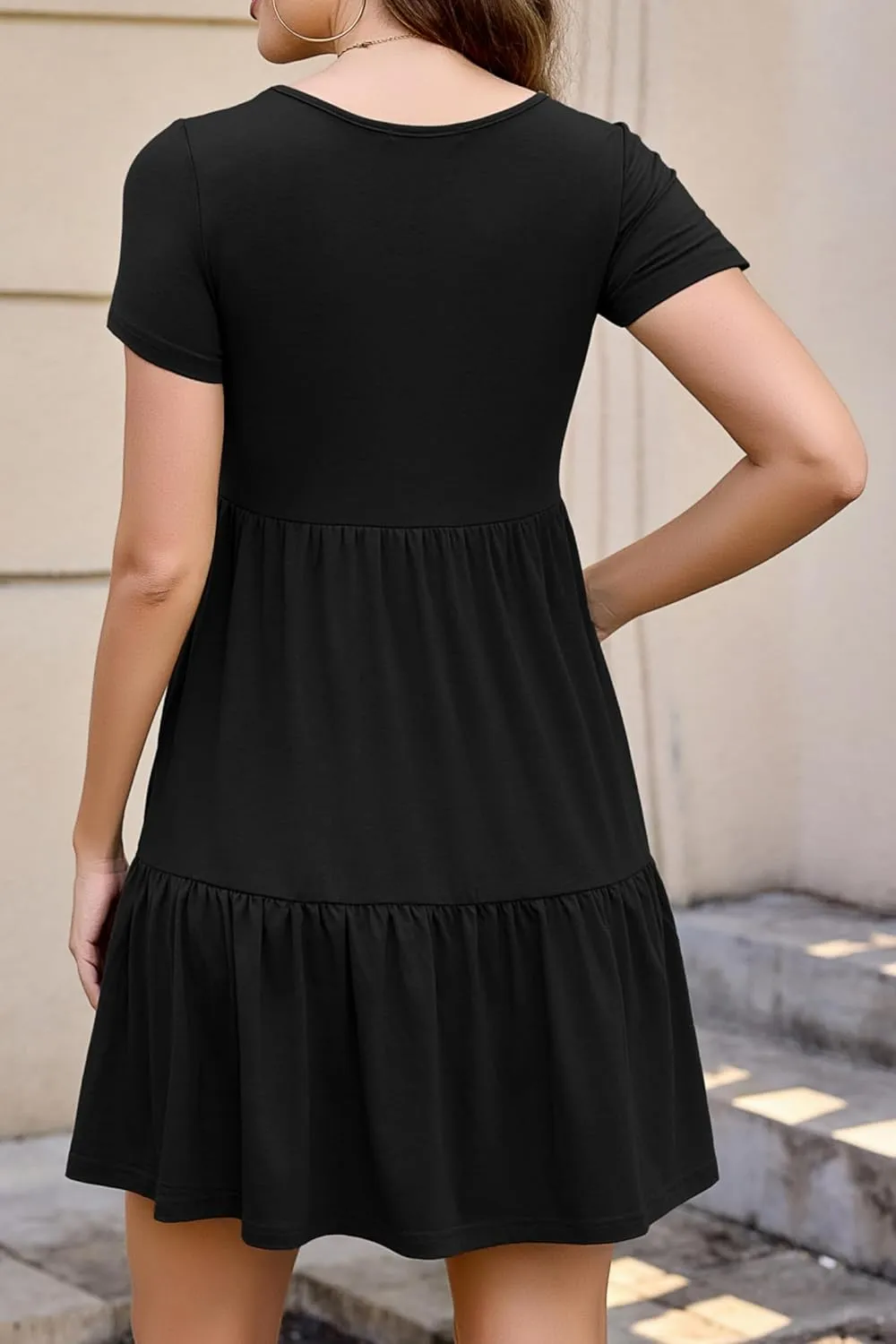 2025 Spring Summer Short Sleeve T-Shirt Dress  Ruffle Tiered Swing Sundress with Pockets for Beach & Daily Wear