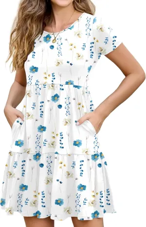 2025 Spring Summer Short Sleeve T-Shirt Dress  Ruffle Tiered Swing Sundress with Pockets for Beach & Daily Wear