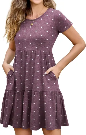 2025 Spring Summer Short Sleeve T-Shirt Dress  Ruffle Tiered Swing Sundress with Pockets for Beach & Daily Wear