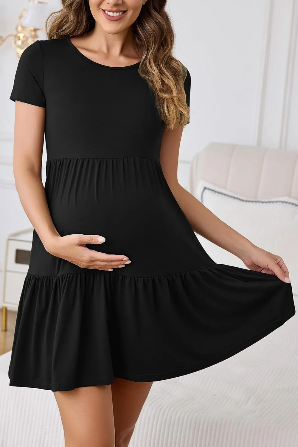 2025 Spring Summer Short Sleeve T-Shirt Dress  Ruffle Tiered Swing Sundress with Pockets for Beach & Daily Wear