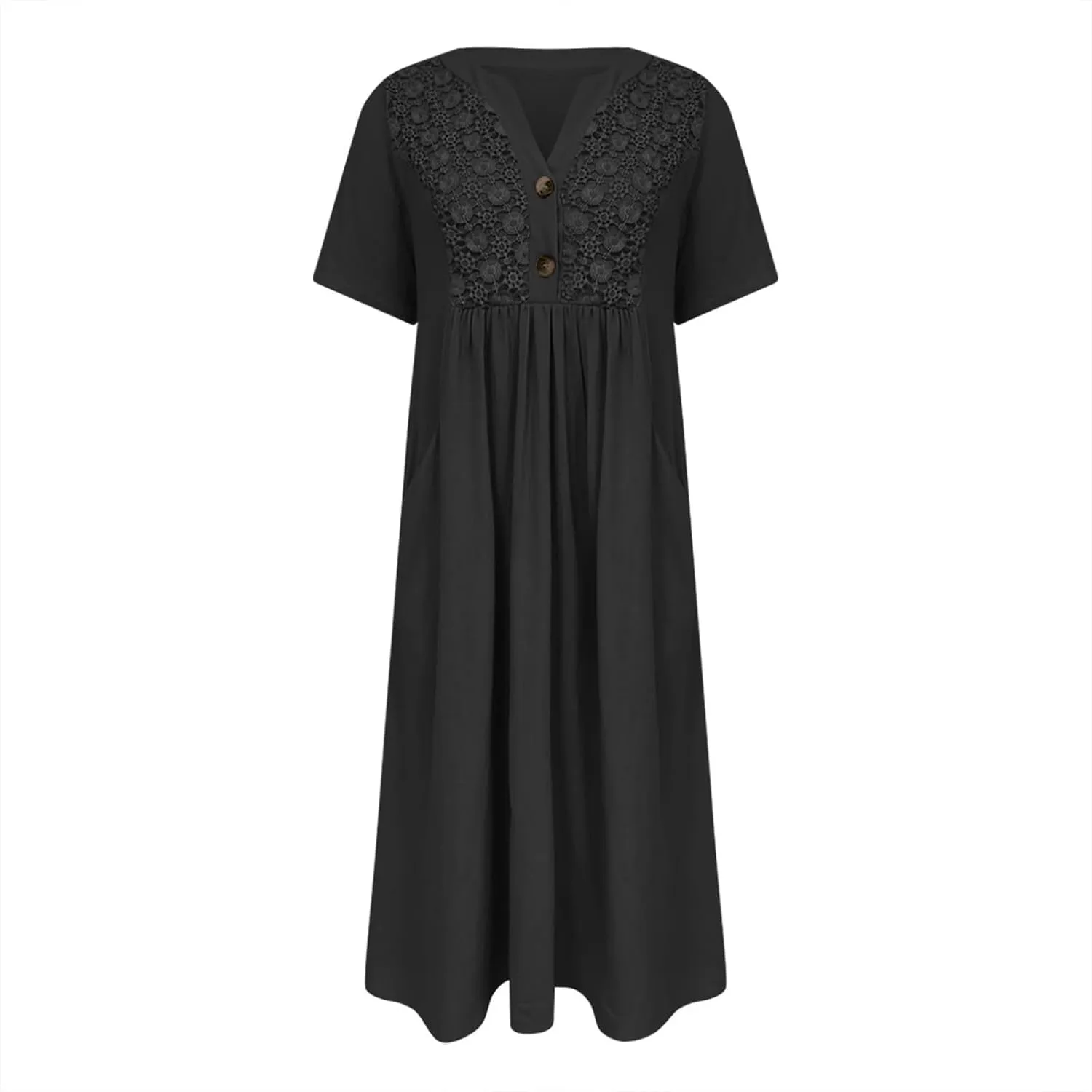 2025 Summer Boho Maxi Dress for Women V-Neck Button & Lace Trim Beach Vacation Dress with Pockets Loose Sundress