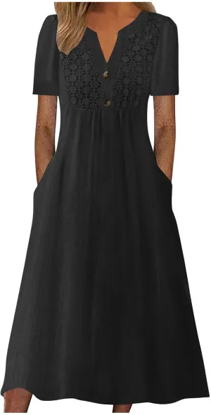2025 Summer Boho Maxi Dress for Women V-Neck Button & Lace Trim Beach Vacation Dress with Pockets Loose Sundress