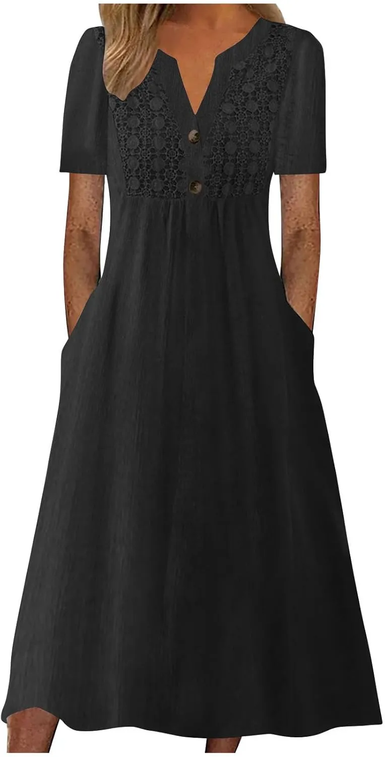 2025 Summer Boho Maxi Dress for Women V-Neck Button & Lace Trim Beach Vacation Dress with Pockets Loose Sundress