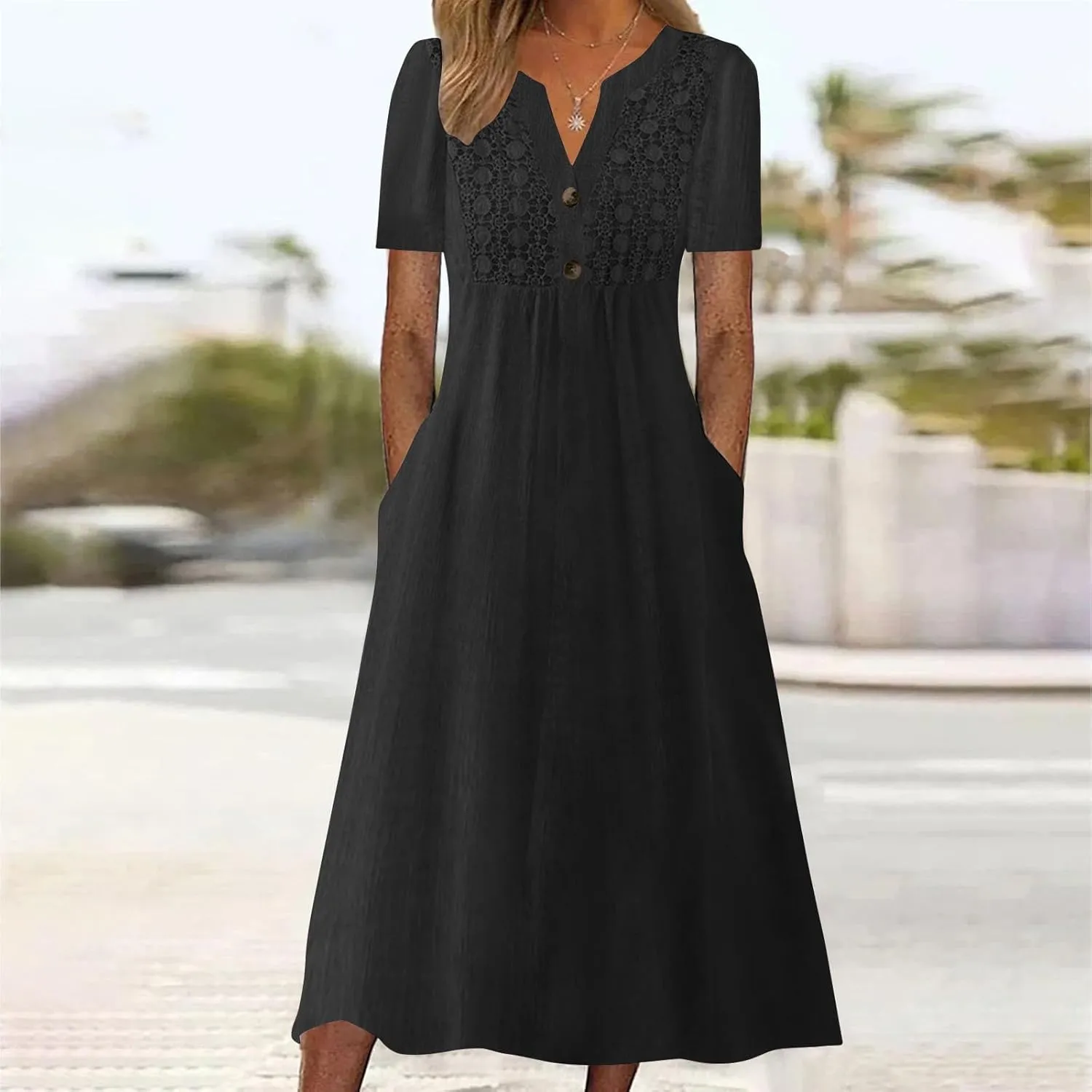2025 Summer Boho Maxi Dress for Women V-Neck Button & Lace Trim Beach Vacation Dress with Pockets Loose Sundress