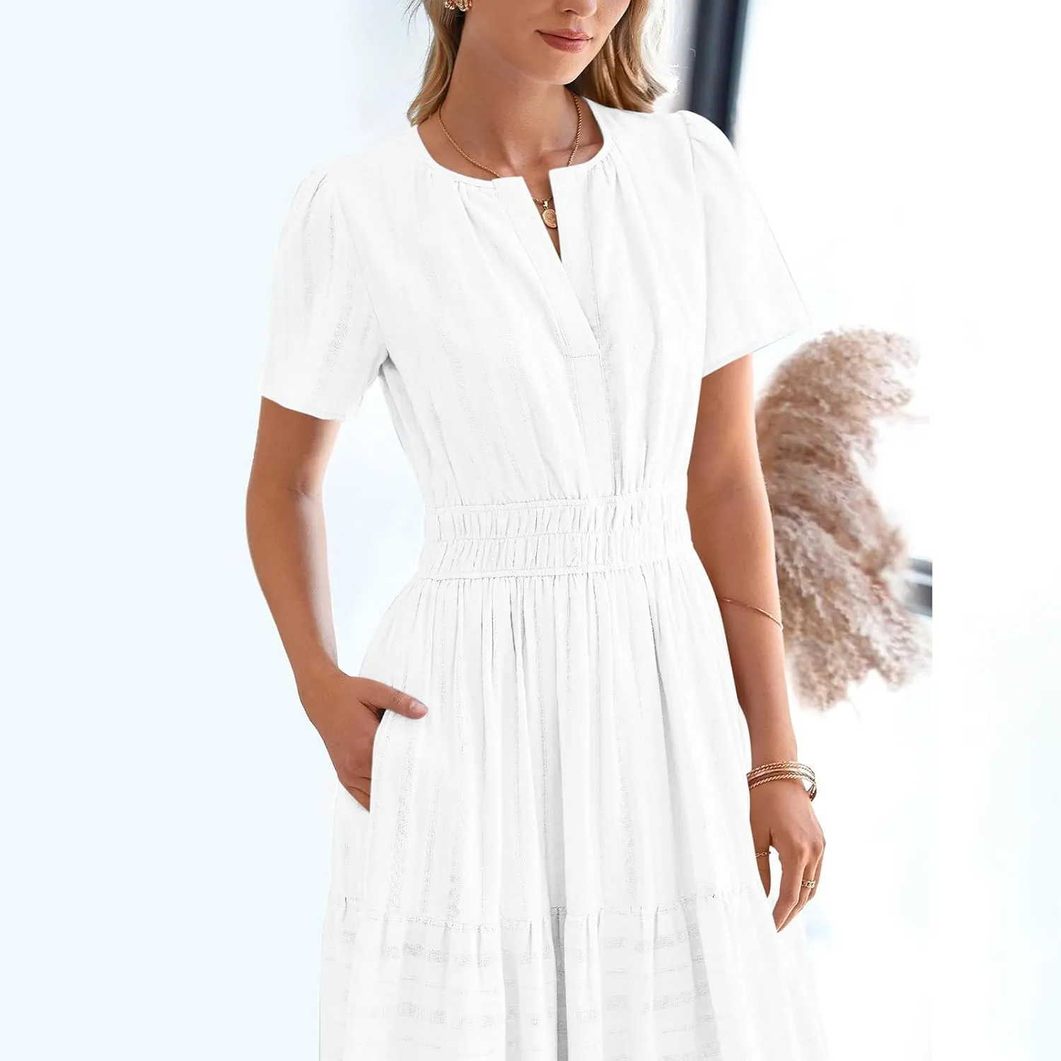 2025 Womens Summer Casual Midi Maxi Dresses Lightweight Short Sleeve V Neck Elastic Waist Loose Comfy Flowy Dress