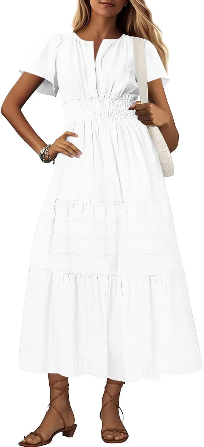 2025 Womens Summer Casual Midi Maxi Dresses Lightweight Short Sleeve V Neck Elastic Waist Loose Comfy Flowy Dress