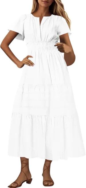 2025 Womens Summer Casual Midi Maxi Dresses Lightweight Short Sleeve V Neck Elastic Waist Loose Comfy Flowy Dress