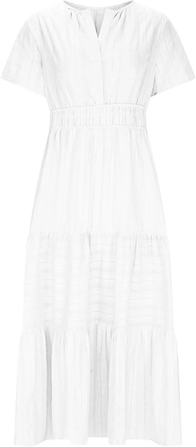 2025 Womens Summer Casual Midi Maxi Dresses Lightweight Short Sleeve V Neck Elastic Waist Loose Comfy Flowy Dress
