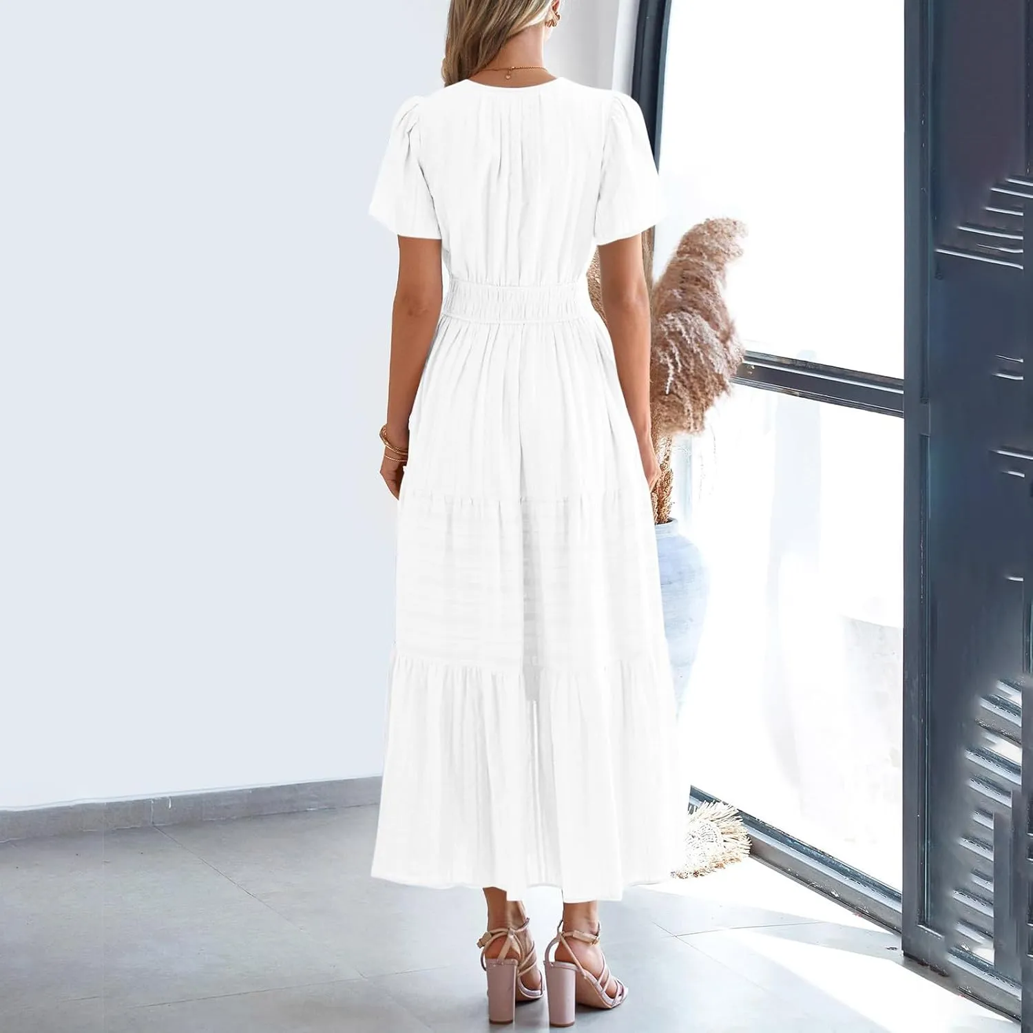 2025 Womens Summer Casual Midi Maxi Dresses Lightweight Short Sleeve V Neck Elastic Waist Loose Comfy Flowy Dress