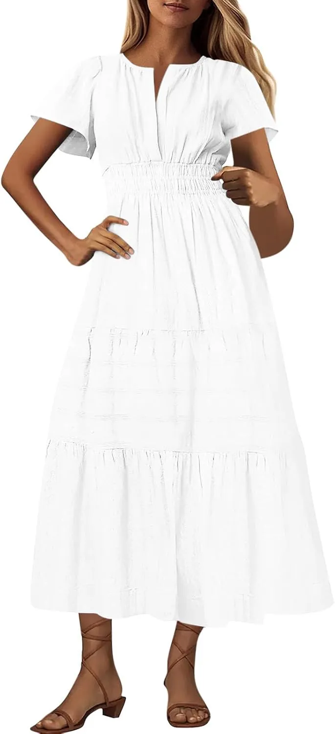2025 Womens Summer Casual Midi Maxi Dresses Lightweight Short Sleeve V Neck Elastic Waist Loose Comfy Flowy Dress