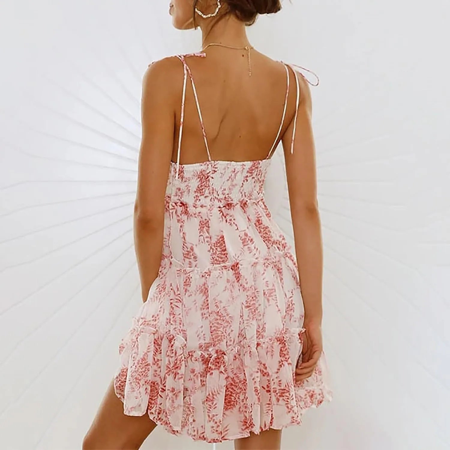2025 Womens Summer Floral Mini Dress Boho Flowy Skater Dresses Spaghetti Strap Ruffle Sleeveless Beach Sundresses