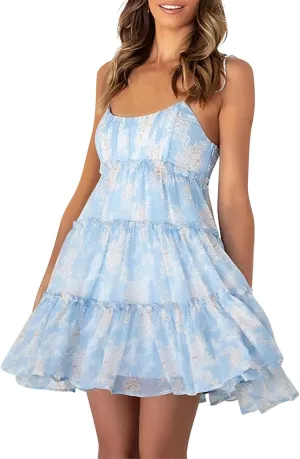 2025 Womens Summer Floral Mini Dress Boho Flowy Skater Dresses Spaghetti Strap Ruffle Sleeveless Beach Sundresses