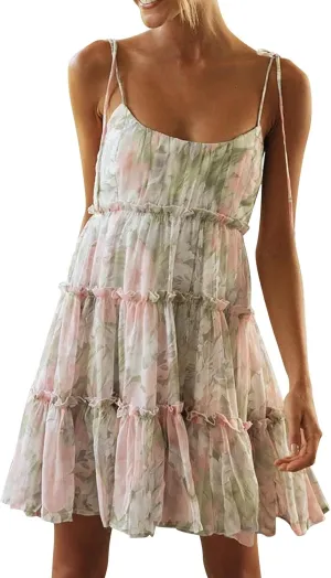 2025 Womens Summer Floral Mini Dress Boho Flowy Skater Dresses Spaghetti Strap Ruffle Sleeveless Beach Sundresses
