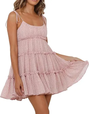 2025 Womens Summer Floral Mini Dress Boho Flowy Skater Dresses Spaghetti Strap Ruffle Sleeveless Beach Sundresses