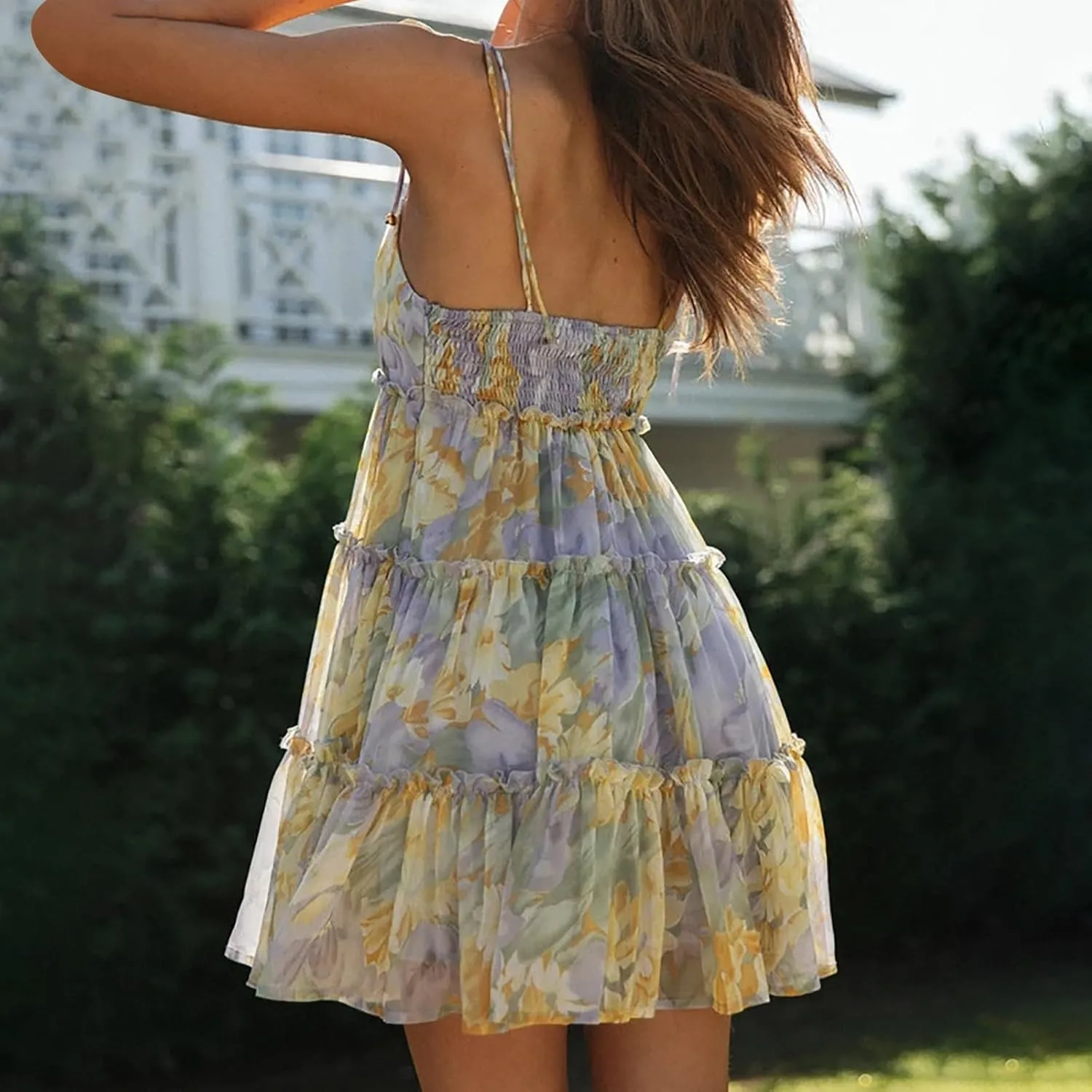2025 Womens Summer Floral Mini Dress Boho Flowy Skater Dresses Spaghetti Strap Ruffle Sleeveless Beach Sundresses