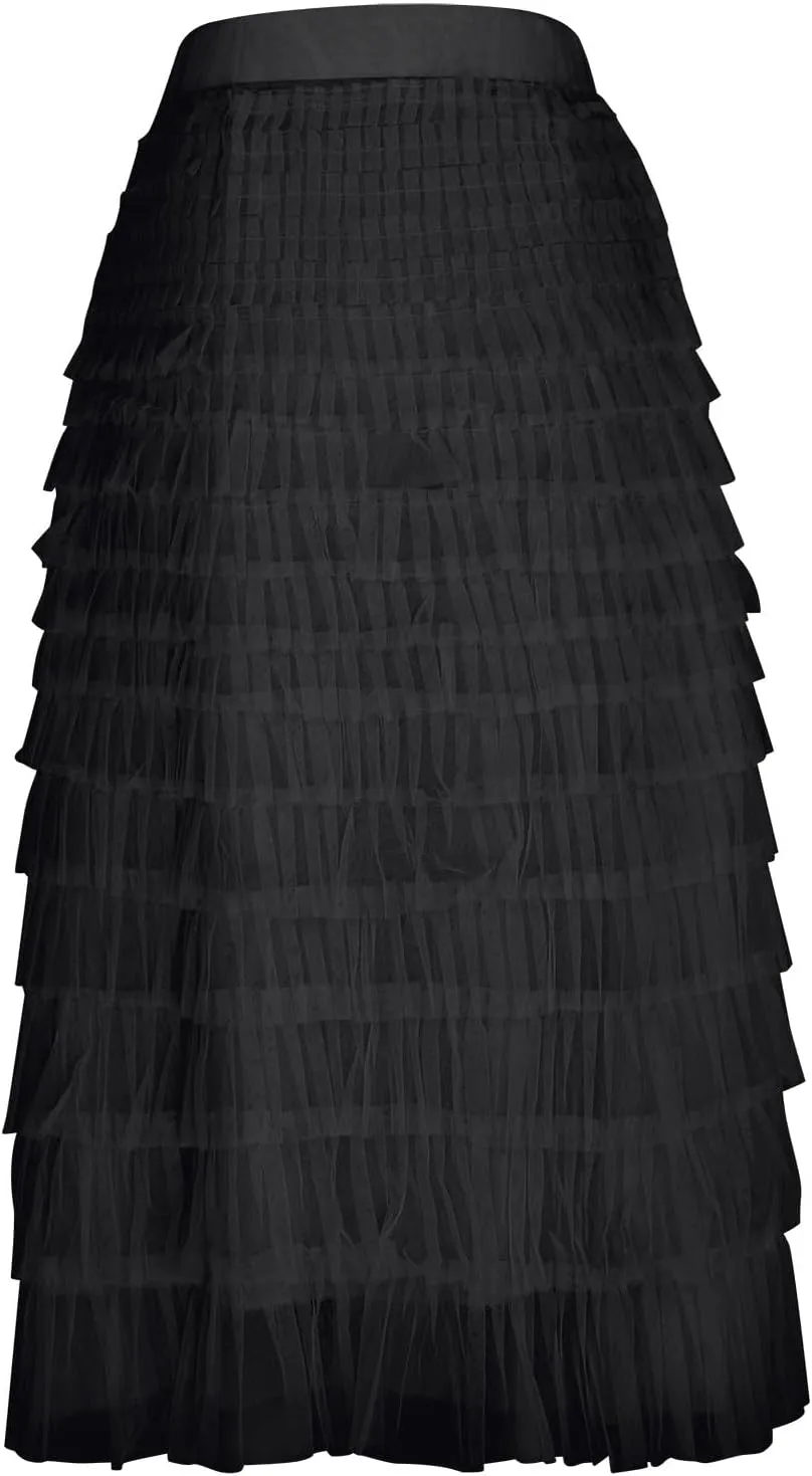 2025 Women's Tulle Midi Skirt Elastic High Waist Layered Pleated Mesh Flowy A-Line Prom Party Long Tutu Skirts
