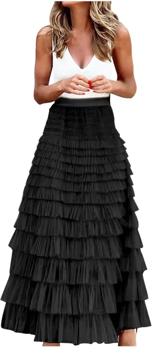 2025 Women's Tulle Midi Skirt Elastic High Waist Layered Pleated Mesh Flowy A-Line Prom Party Long Tutu Skirts