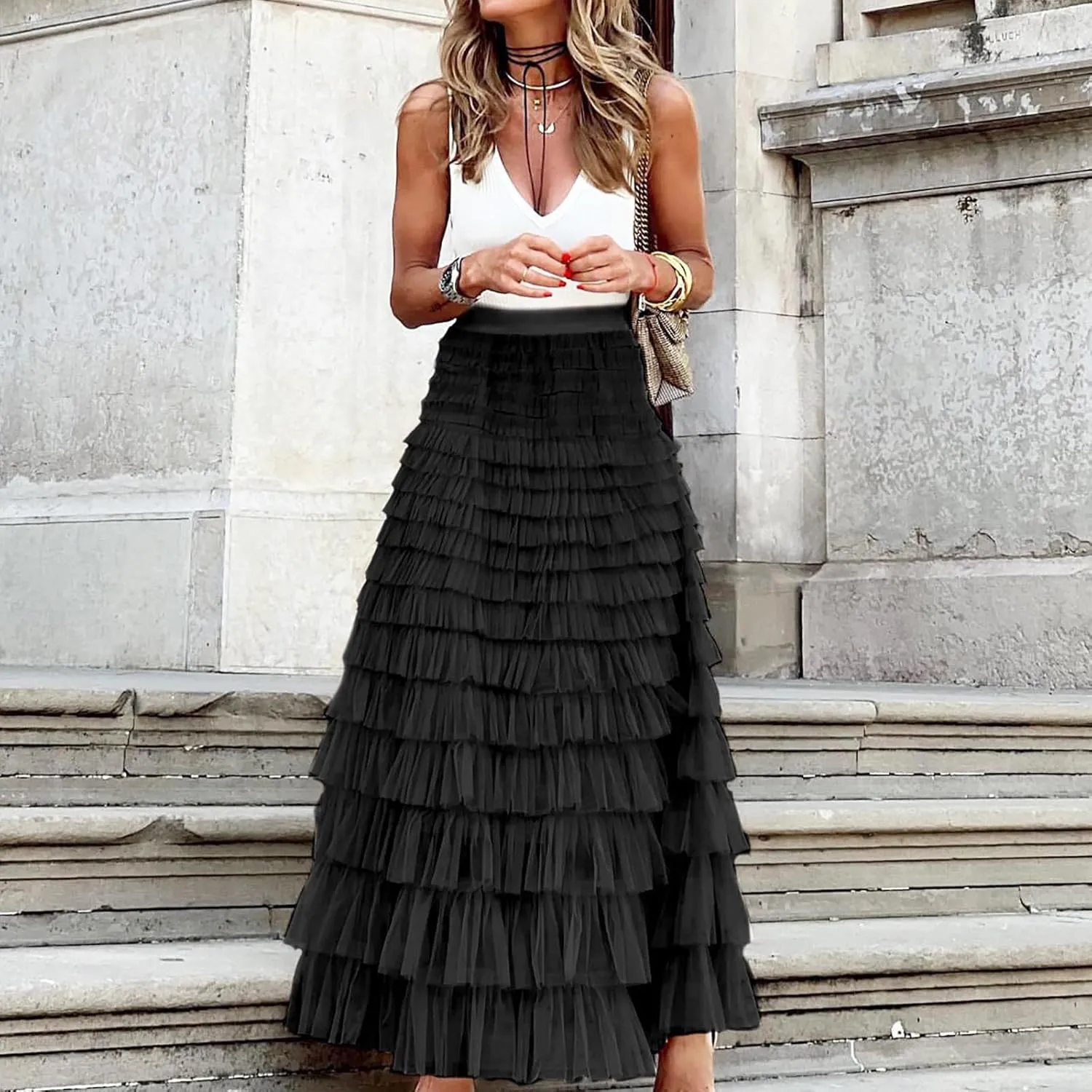 2025 Women's Tulle Midi Skirt Elastic High Waist Layered Pleated Mesh Flowy A-Line Prom Party Long Tutu Skirts