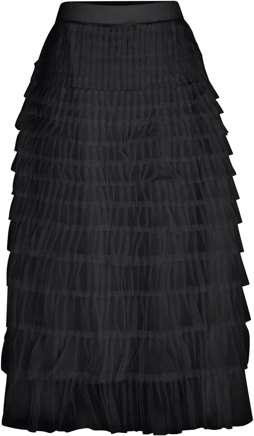 2025 Women's Tulle Midi Skirt Elastic High Waist Layered Pleated Mesh Flowy A-Line Prom Party Long Tutu Skirts